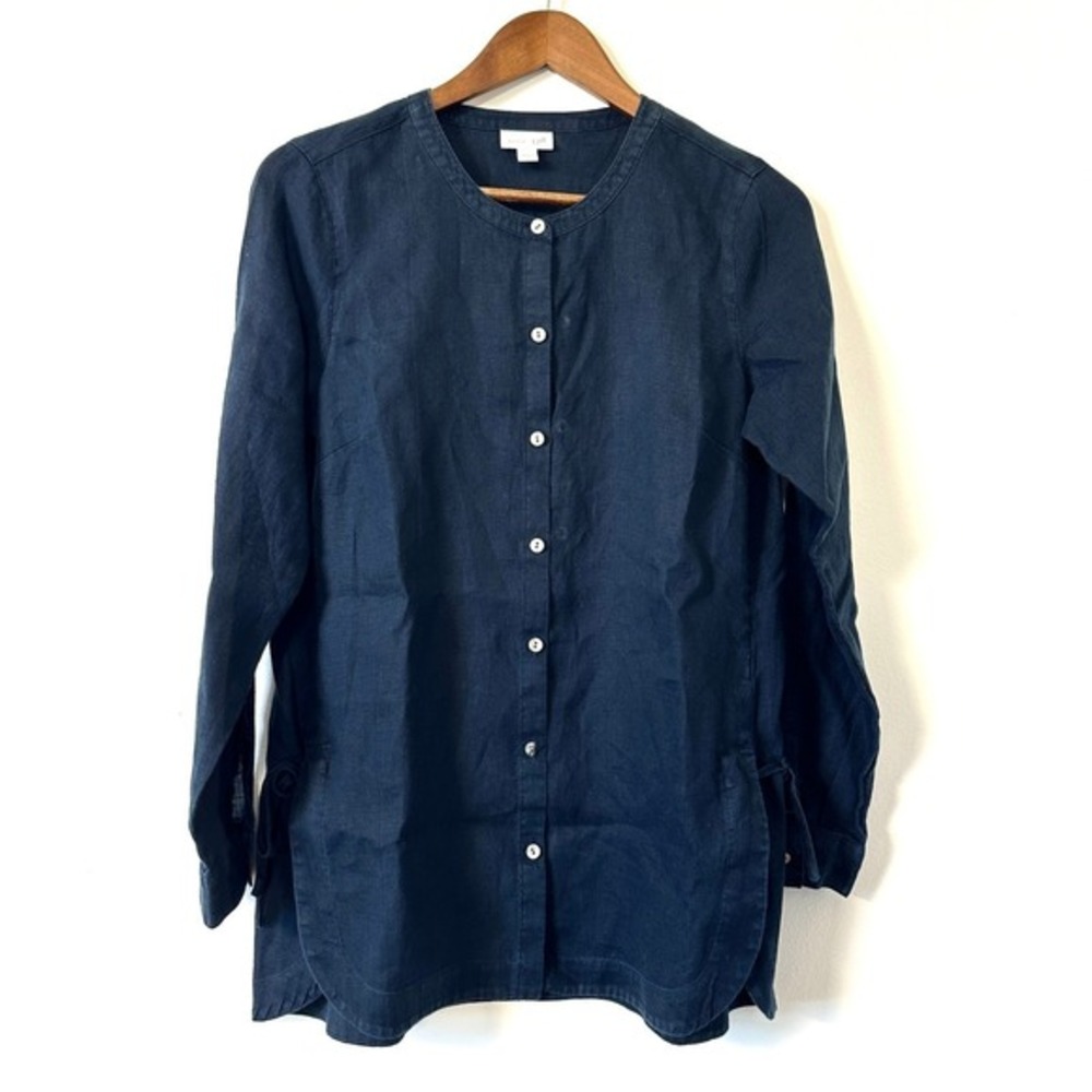 J. Jill Love Linen Navy Blue Tunic Top XS Button Front Side‎ Tie Langenlook